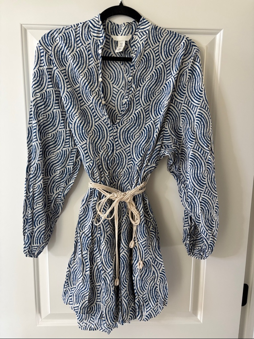 H&M Santorini Blue and White Long Sleeve Dress with Sea Shell Belt